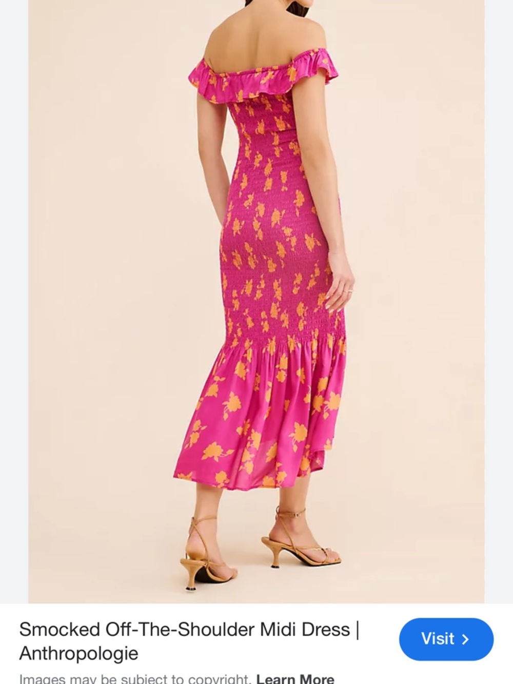 Anthropologie Pink Off‑Shoulder Smocked Midi Dress with Yellow Floral
